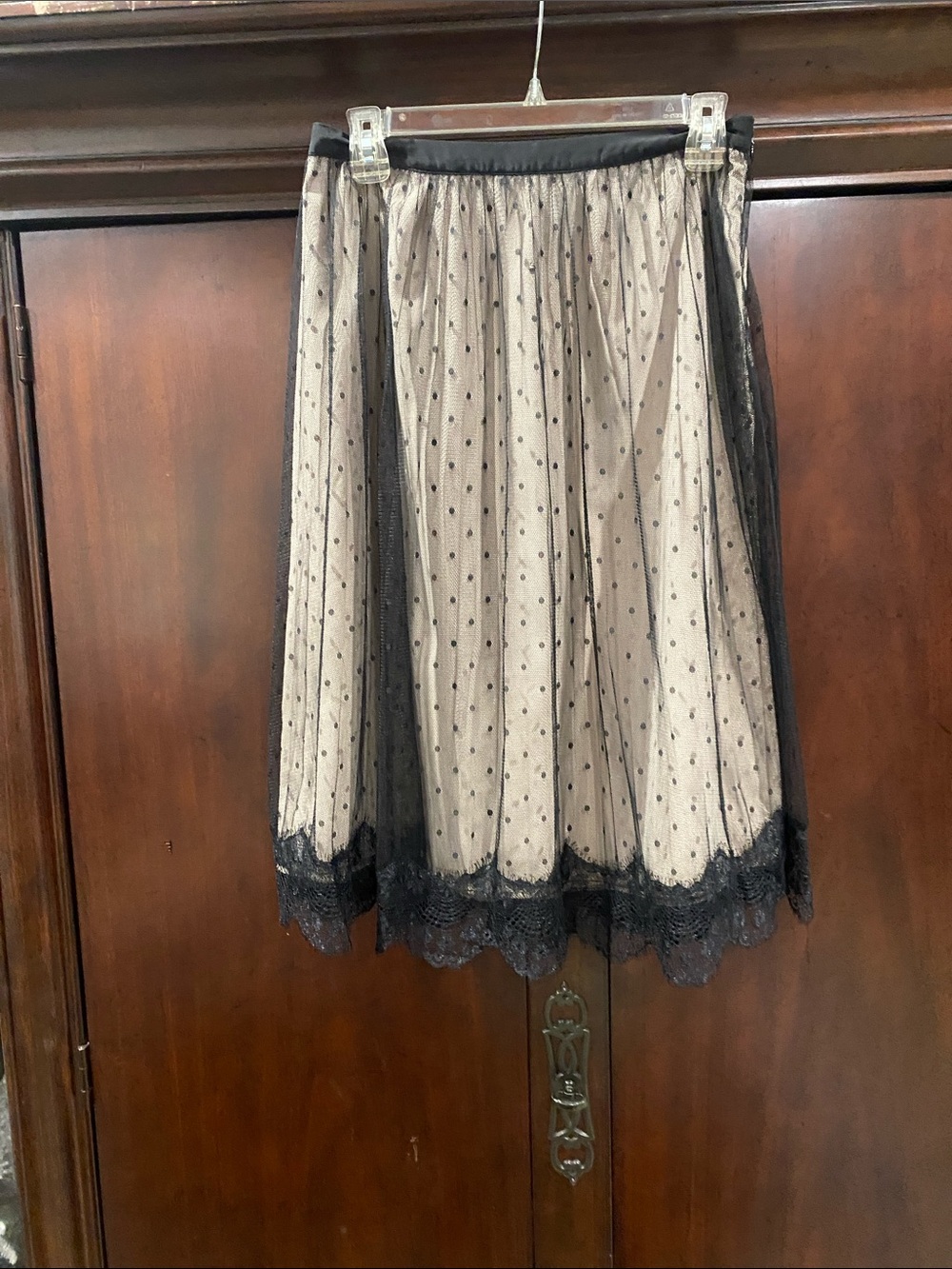 Worthington Beige Skirt with Black Polka Dot Mesh Overlay